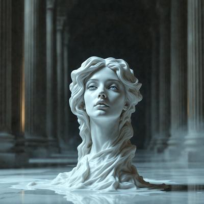 The primary subject of the image is a white marble statue of a woman's head. The statue is prominently displayed in the foreground, with a dark background that contrasts with the statue's white color. The visual style of the image is a combination of photo and digital art, creating a realistic yet artistic representation of the statue. The colors and mood of the image are predominantly dark, with the white statue standing out as the focal point.